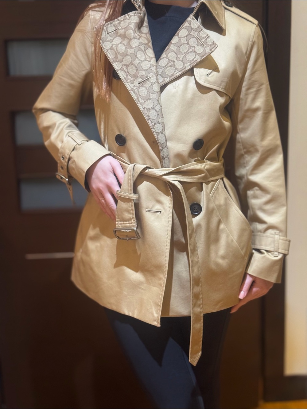Coach Tan Trench Coat with Signature Patterned Lining